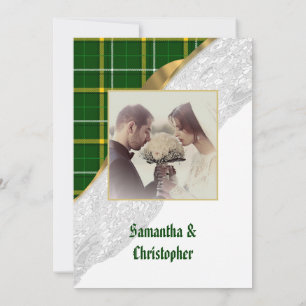Grön tartan karoad spets bröllopsfoto inbjudan
