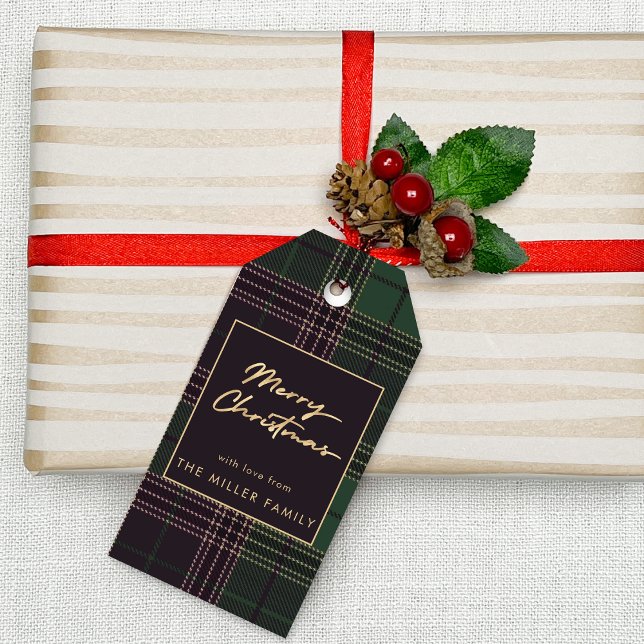 Grön Tartan Rutig Buffalo Falskt Guld Minimal Presentetikett (Green Tartan Plaid Buffalo Faux Gold Minimal Gift Tags)