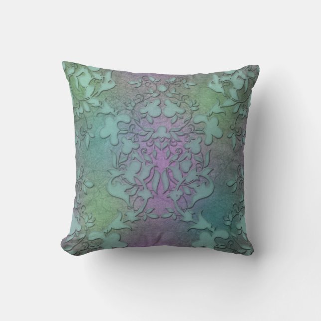 Grön Teal Lila Damast Modern Konst med Distressed- Kudde (Framsida)