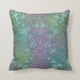 Grön Teal Lila Damast Modern Konst med Distressed- Kudde