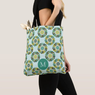 Grön Teal Modern Blommönster Monogram Tygkasse
