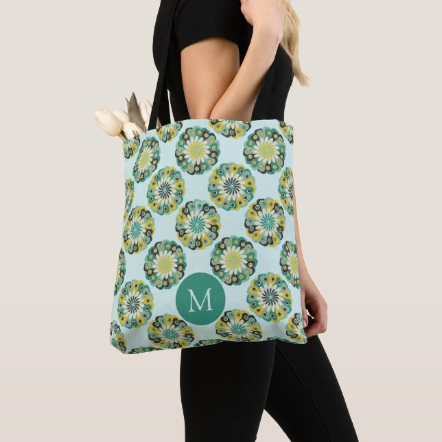 Grön Teal Modern Blommönster Monogram Tygkasse (Närbild)