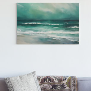 Grön Teal Modern Strand Havsmålning Canvastryck