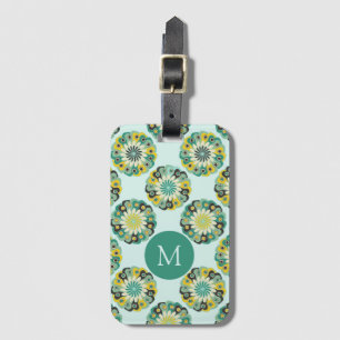 Grön Teal Modernt Blommönster Monogram Bagagebricka