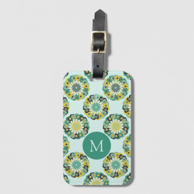 Grön Teal Modernt Blommönster Monogram Bagagebricka (Framsida vertikal)