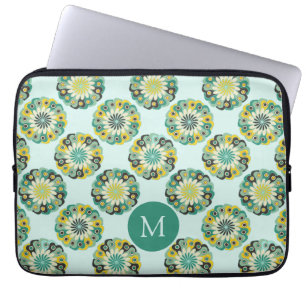 Grön Teal Modernt Blommönster Monogram Laptop Fodral