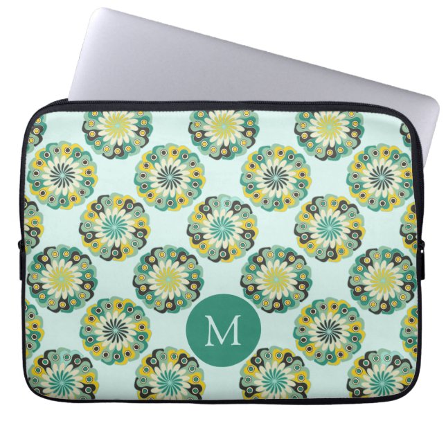 Grön Teal Modernt Blommönster Monogram Laptop Fodral (Framsidan)