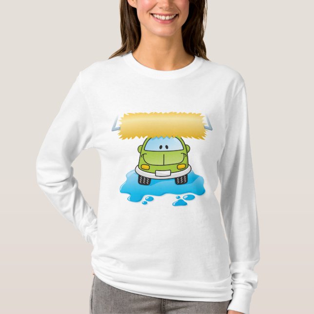Grön Tecknad Bil Tvätt Glad Liten Bil T Shirt (Framsida)