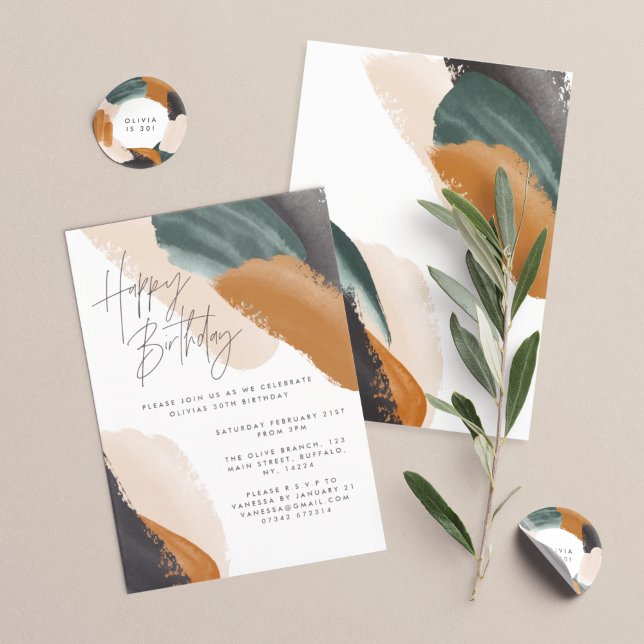 Grön terrakotta abstrakt akvarell Födelsedag Inbjudningar (Skapare uppladdad)