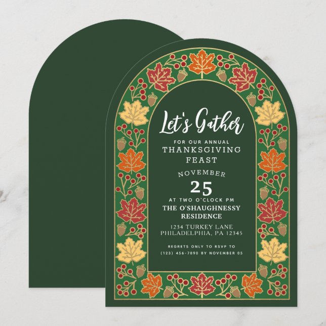 Grön Thanksgiving Middag Ekollon Höst Löv Båge Inbjudningar (Fram/baksida)