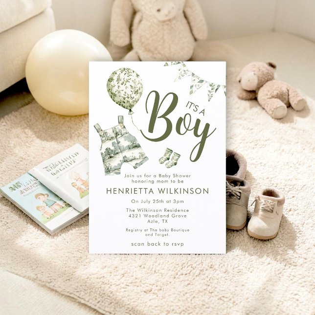 Grön Toile de Jouy Pojke Bebis Bjudan Invitation Inbjudningar (Skapare uppladdad)