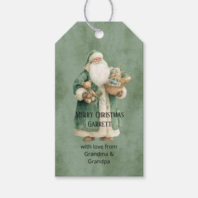 Grön tomte med julleksaker presentetikett (Framsidan)