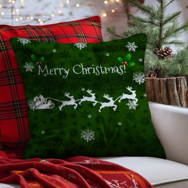 Grön tomtens släde och renar Kastkudde Kudde (Green Santa's Sleigh and Reindeer Throw Pillow)