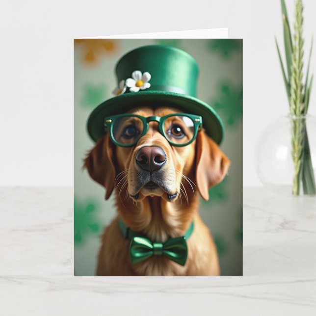 Grön topp hatt hund firande kort (Framsida)