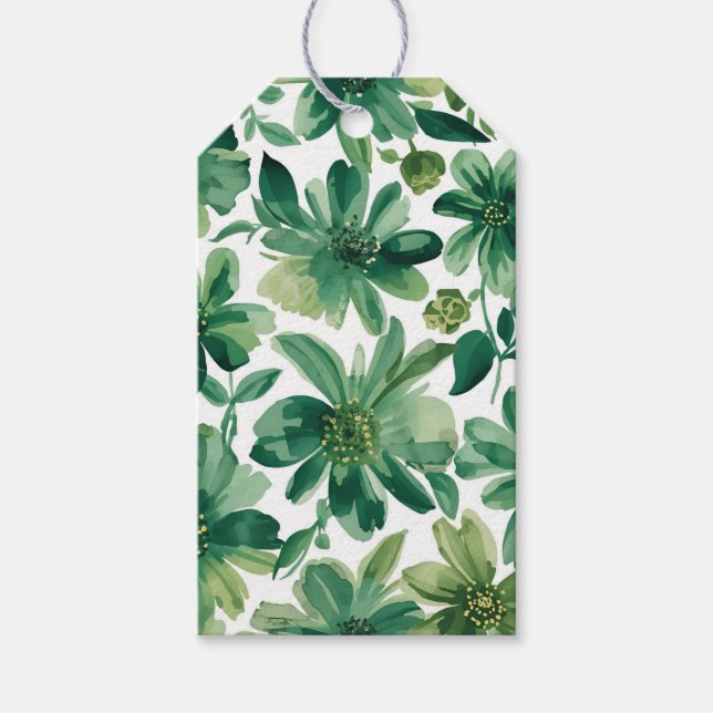 Grön Trädgård Blommig Botanisk Akvarellmålning Presentetikett (Framsidan)