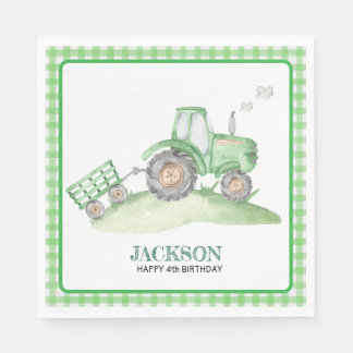 Grön traktor födelsedags servetter rutiga gingham