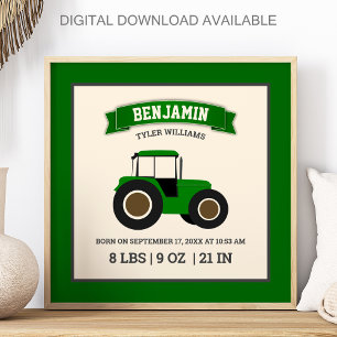 Grön traktor för bebis födelse statistik poster
