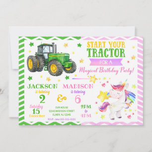 Grön Traktor och Enhörning Gemensam Födelsedag Inbjudningar