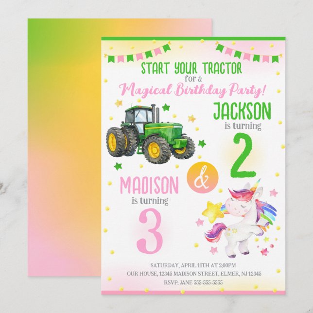Grön traktor och enhörnings syskon gemensam födels inbjudningar (Fram/baksida)