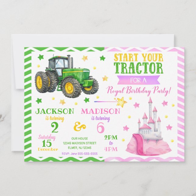 Grön traktor och prinsessans gemensamma födelsedag inbjudningar (Framsida)