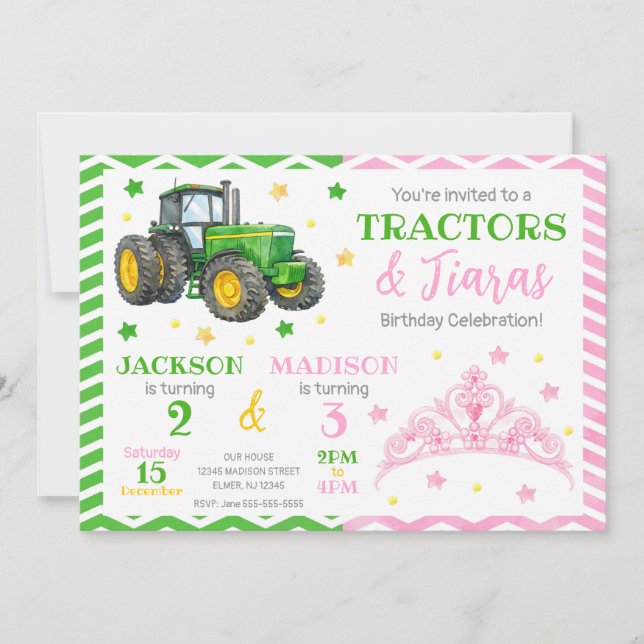 Grön traktor och prinsessas gemensamma födelsedag inbjudningar (Framsida)
