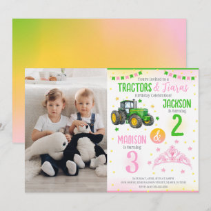 Grön traktor och prinsessasystrar gemensam födelse inbjudningar