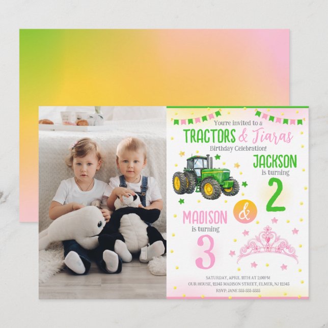 Grön traktor och prinsessasystrar gemensam födelse inbjudningar (Fram/baksida)
