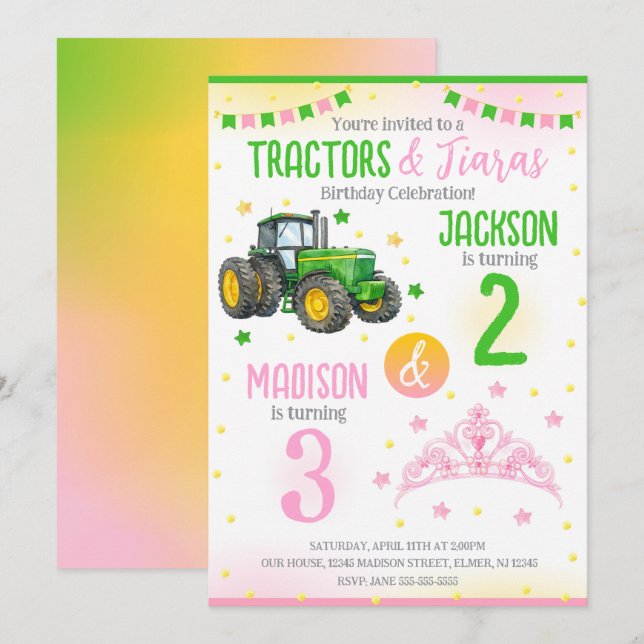 Grön traktor och prinsesssyskon gemensam födelseda inbjudningar (Fram/baksida)