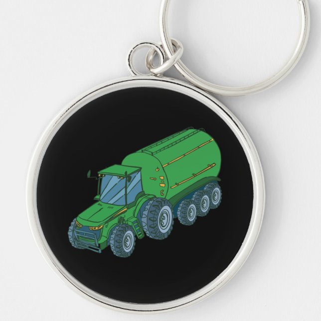 Grön Traktor Rund Silverfärgad Nyckelring (Framsidan)