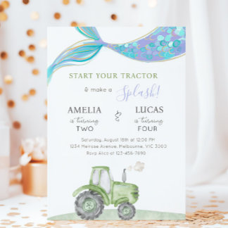 Grön traktor & sjöjungfru syskon gemensam födelsed inbjudningar