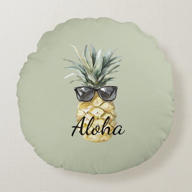 Grön Tropisk Aloha Ananas med Solglasögon Rund Kudde (Framsidan)