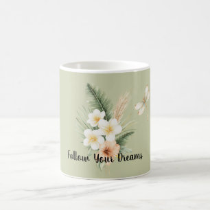 Grön Tropisk Persika Hibiskus Plumeria Trollslända Kaffemugg