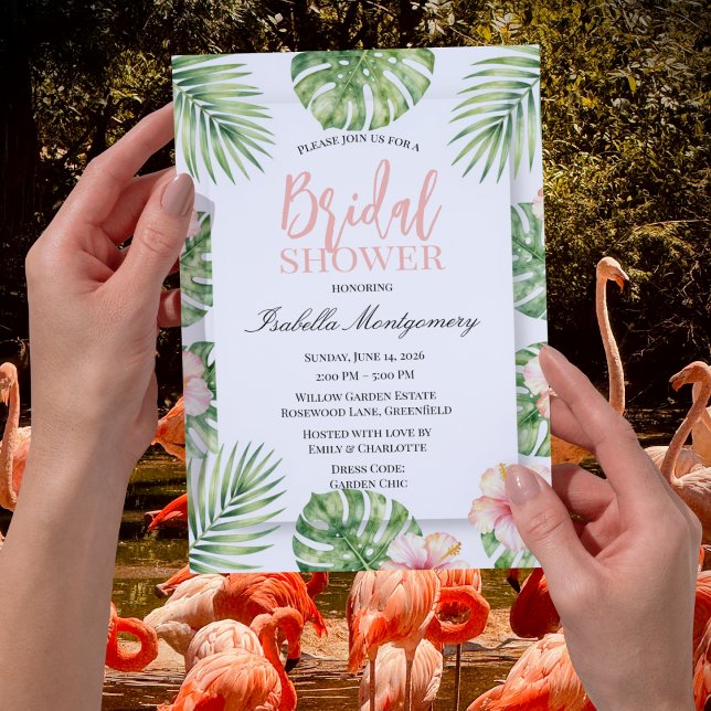 Grön Tropisk Rosa Hibiskus Blommig Bröllopsfest Inbjudningar (Green Tropical Pink Hibiscus Floral Bridal Shower Invitations
)