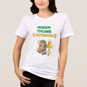 GRÖN TUMME AKTIVERAD VITA TRÄDGÅRDSTRÖJOR FÖR KVIN T SHIRT