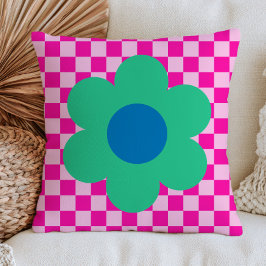 Grön tusenskönas på rosa rutig retro-mönster kudde