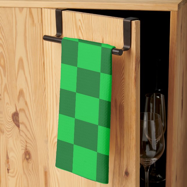 Grön tvåtonad schackbrädemönster kökshandduk (Thirds Fold)