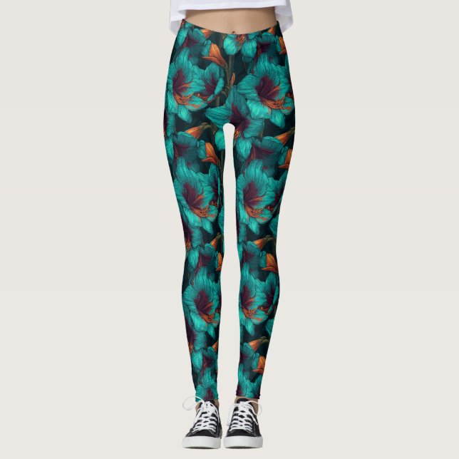 Grön Tyngdlyftning Amaryllis Blommig Bröllopsprese Leggings (Framsida)