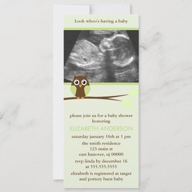 Grön Uggle Sonogram Baby Shower Inbjudningar (Framsida)