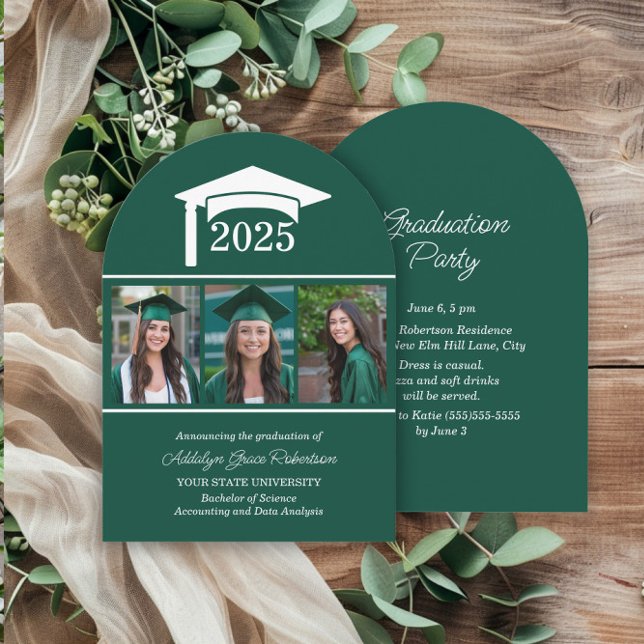 Grön universitetsfoto för examensfirande i valvfor inbjudningar (Green 3-photo arch-shaped graduation party invitation)