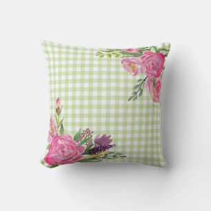 Grön utomhus- Gingham och rosa pioner kudder Utomhuskudde