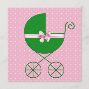 Grön vagn och rosa prickig baby shower inbjudningar
