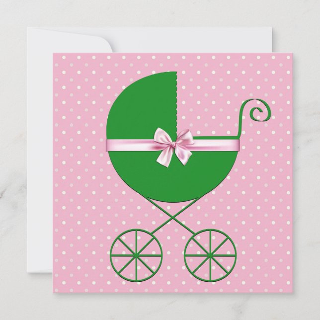 Grön vagn och rosa prickig babyfest inbjudningar (Framsida)