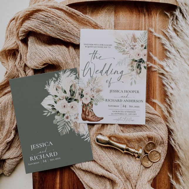 Grön västerländsk boho bröllopsinbjudan kort  (Greenery Western Boho Wedding Invitation Card (Front and Back))