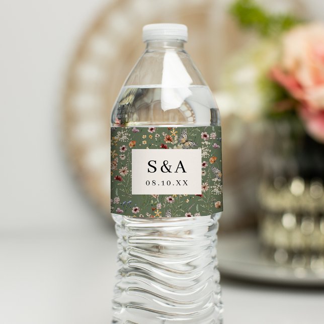 Grön Vildblomma Bröllops Vattenflaska Etikett (Sage Green Wildflower Wedding Water Bottle Label by Painted Paperie
)