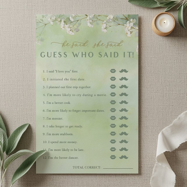 Grön Vildblomma Han Sa Hon Sa Lek (He Said, She Said Bridal Shower Game Card)