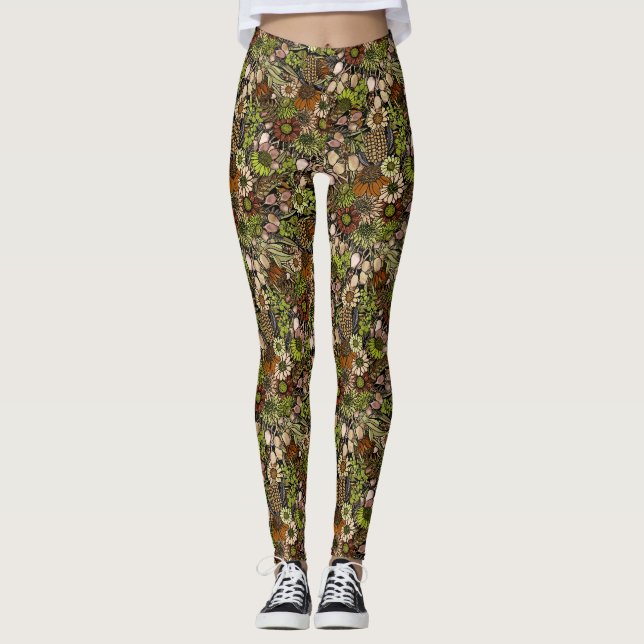 Grön vildblomsterträdgårdsmönster leggings (Framsida)