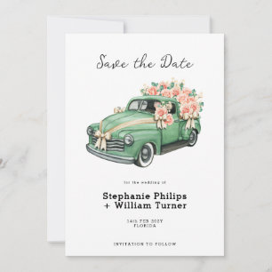 Grön Vintage Bröllops Pickup Lastbil Med Blommor Spara Datumet