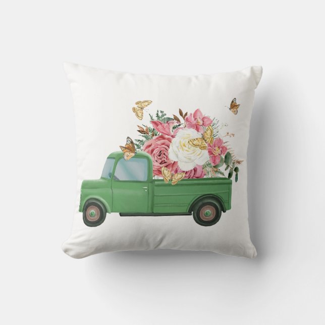 Grön Vintage Lastbils Kuddcover med Blomma Kudde (Framsida)