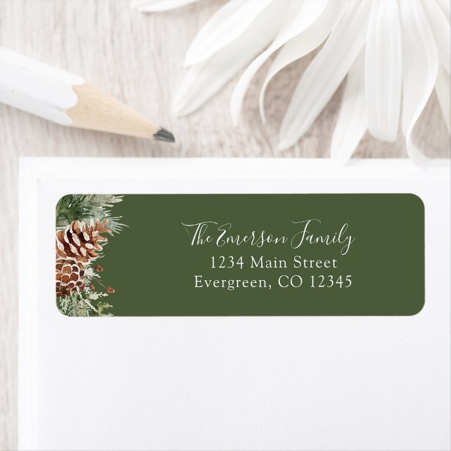 Grön vinter returadressetikett returadress etikett (Seasonal Green Pinecone Evergreen Winter Return Address Label by Painted Paperie
)