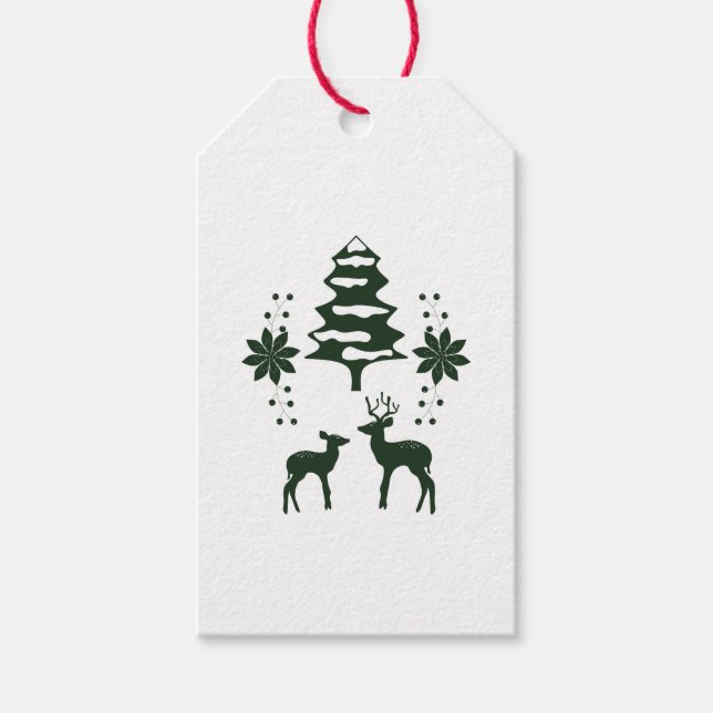 Grön vinter skog & hjort jul presentetikett (Framsidan)